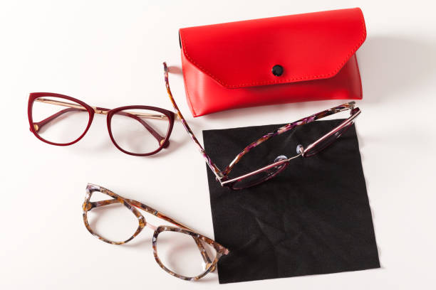 Close up picture of corrective eye glasses in an optics store